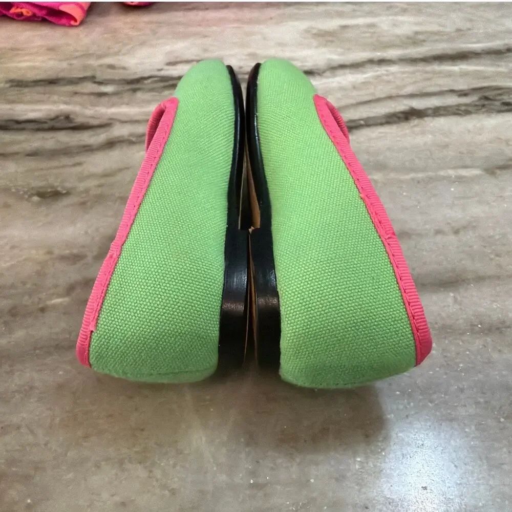 NWOT Polo Ralph Lauren Girls Green & Pink Canvas Ballet Flats Shoes, Size 6C